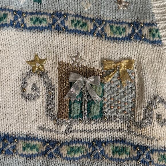 Vintage 90s Marisa Christina Christmas Pastel Blue Knit Cardigan Sweater Plus 2X - Picture 12 of 16